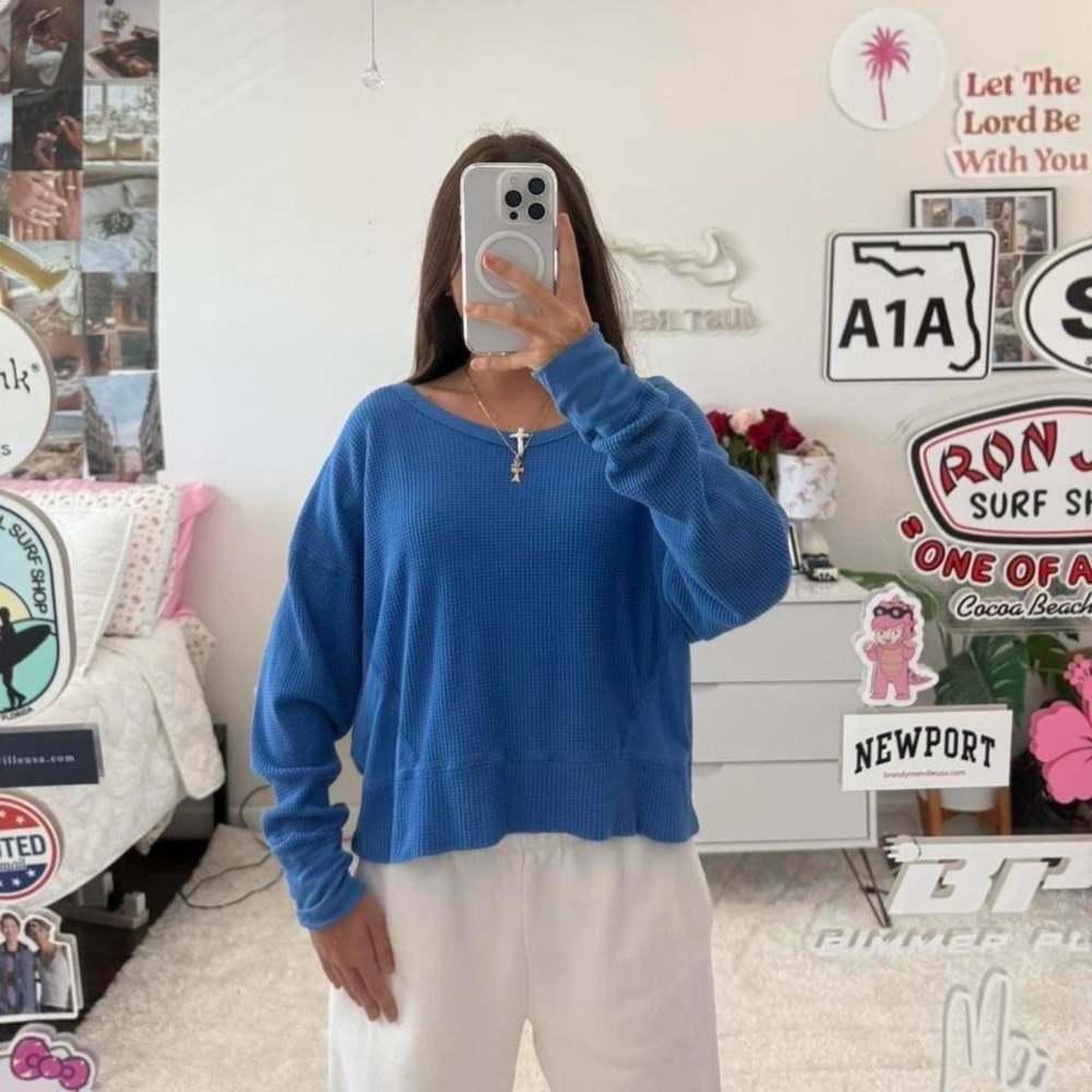 Cobalt blue aerie waffle oversized t shirt long sleeve off the shoulder